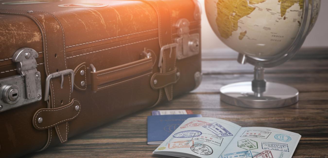 suitcase, passport, globe